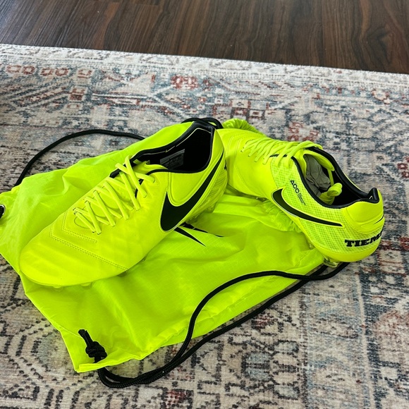 Nike Tiempo Cleats in Bright Yellow. Montebelluna-made. Made in Italy. Rare